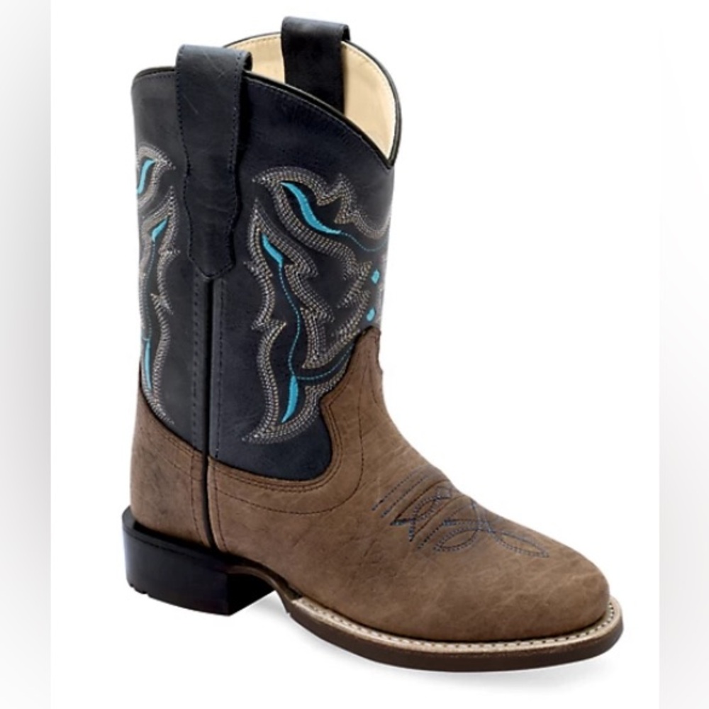 Old West Boys' Broad Round Toe Pull On Boots, BRC2015 Size 2.0-D